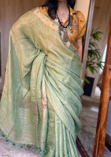 Handwoven on loom - Pista Green Linen saree