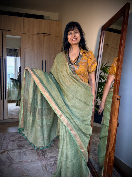 Handwoven on loom - Pista Green Linen saree