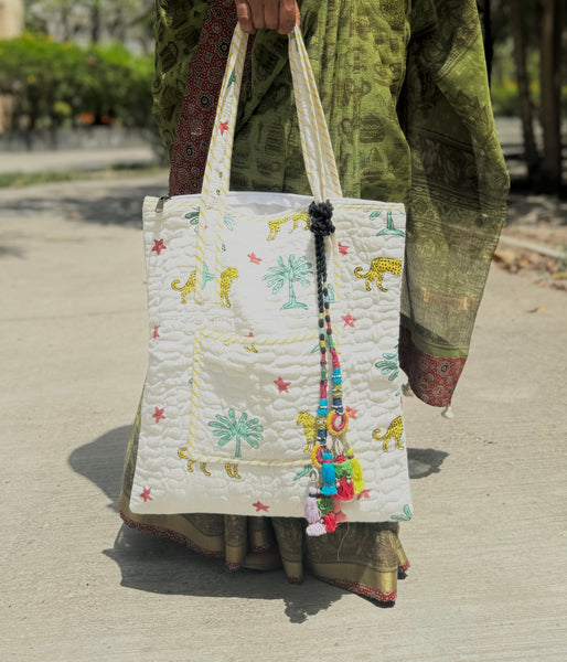 Cotton blockprinted quilted shoulder bag + Bag Charm