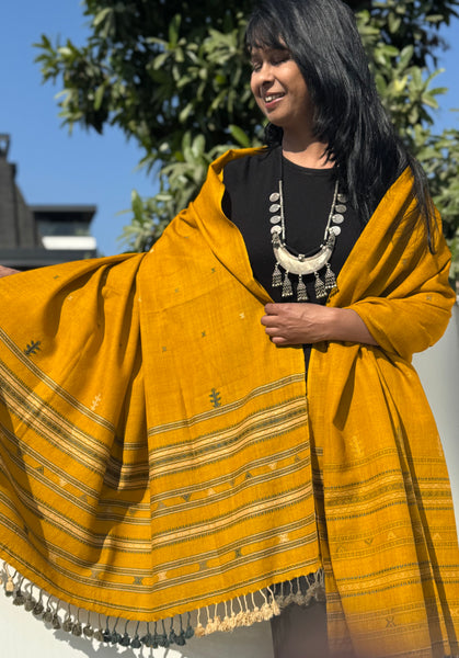 Mustard - Kutch Bhujodi Handwoven Merino Wool Shawl, Very Soft