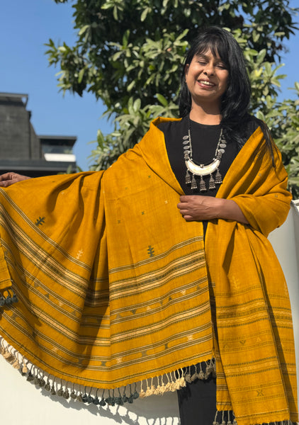 Mustard - Kutch Bhujodi Handwoven Merino Wool Shawl, Very Soft