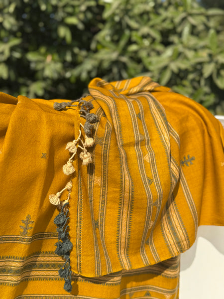Mustard - Kutch Bhujodi Handwoven Merino Wool Shawl, Very Soft