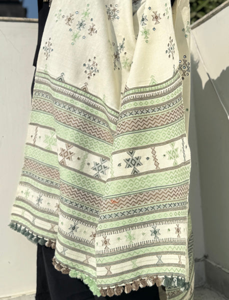 WHITE - KACCHI WOOLEN HANDWOVEN SHAWL - ACRYLIC WOOL