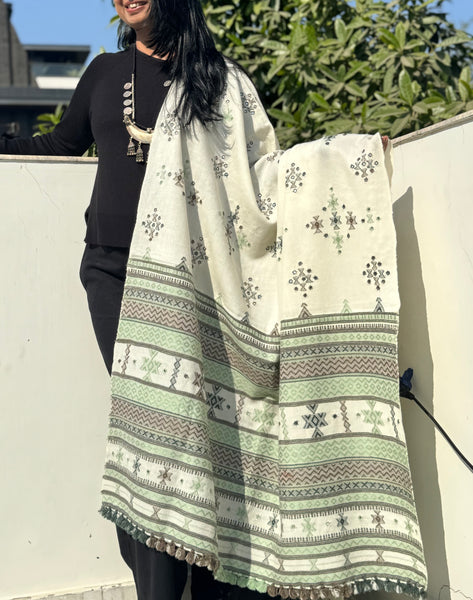 WHITE - KACCHI WOOLEN HANDWOVEN SHAWL - ACRYLIC WOOL