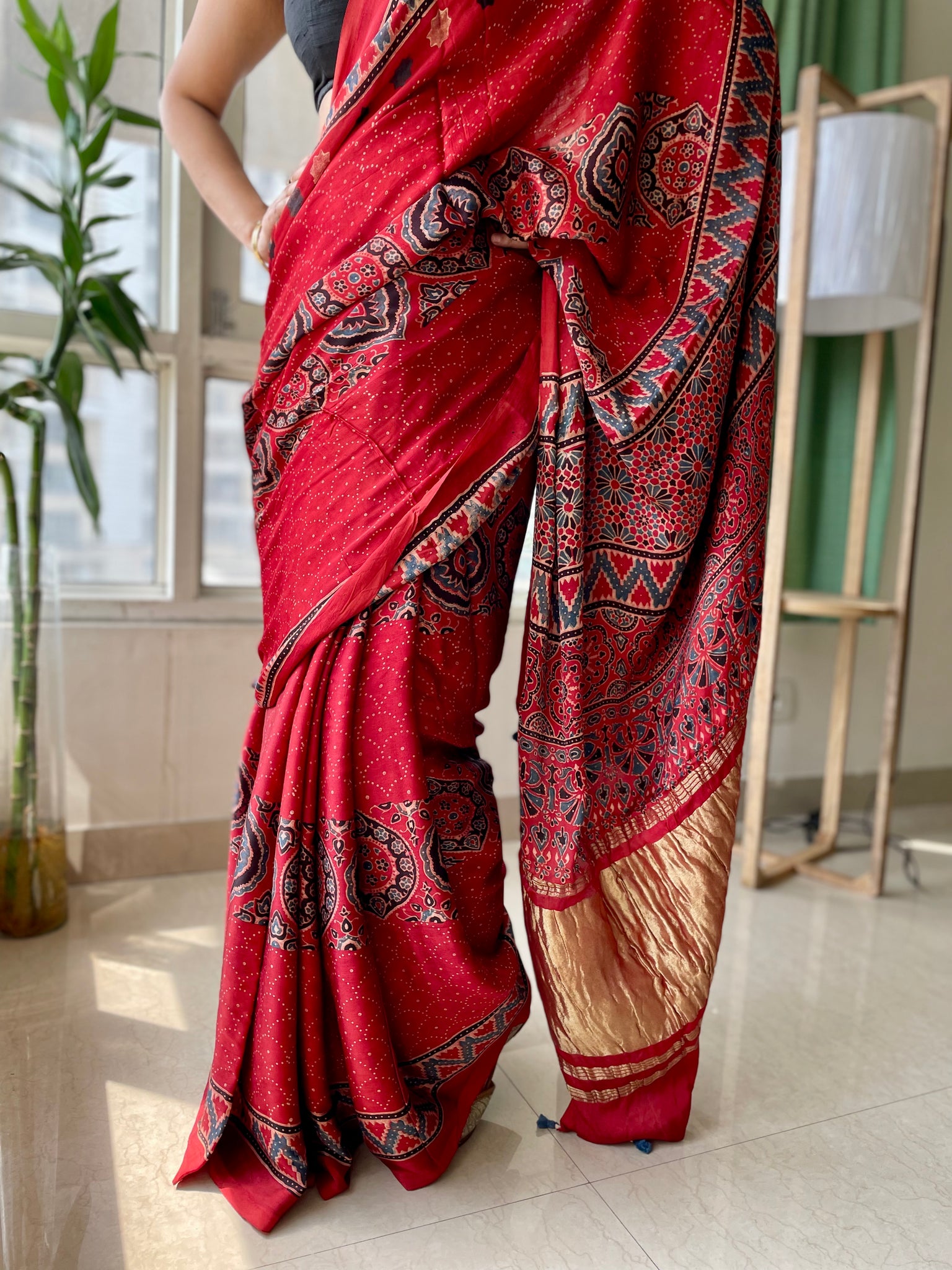 Ajrakh Modal Silk Red & Black Zari Pallu saree