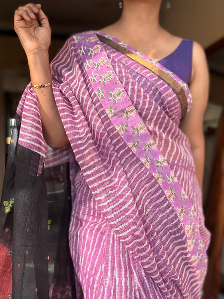Embroidered pallu & patchwork inside border- kota doria saree