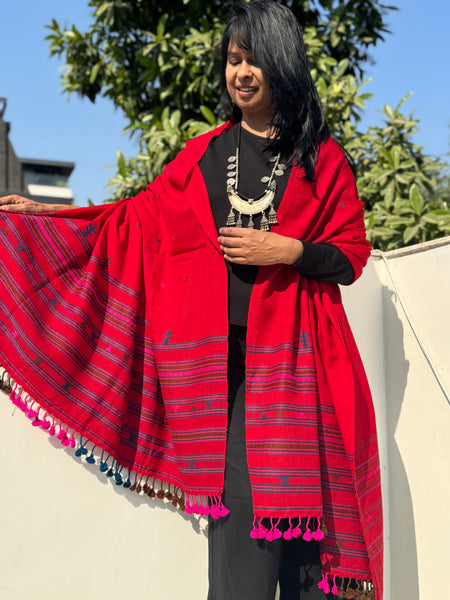 Red - Kutch Bhujodi Handwoven Merino Wool Shawl, Very Soft