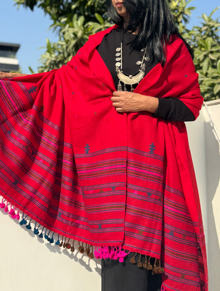 Red - Kutch Bhujodi Handwoven Merino Wool Shawl, Very Soft