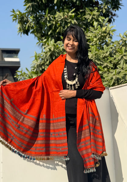 Rust - Kutch Bhujodi Handwoven Merino Wool Shawl, Very Soft