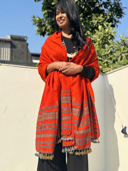 Rust - Kutch Bhujodi Handwoven Merino Wool Shawl, Very Soft