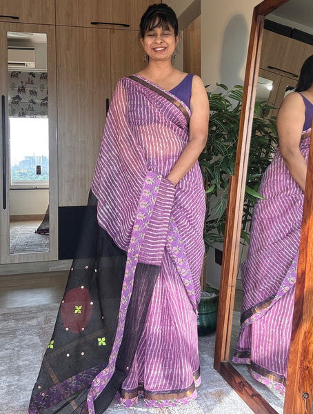 Embroidered pallu & patchwork inside border- kota doria saree