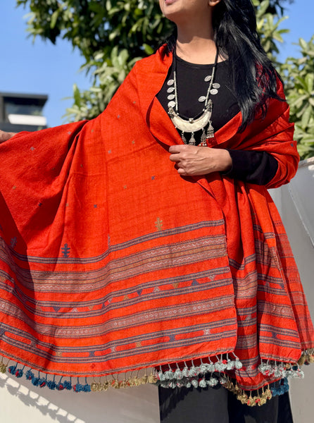 Rust - Kutch Bhujodi Handwoven Merino Wool Shawl, Very Soft