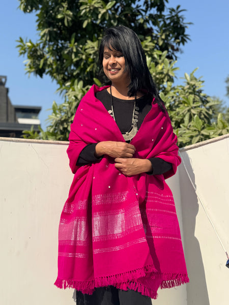 HOT PINK - KACCHI WOOLEN HANDWOVEN SHAWL - ACRYLIC WOOL
