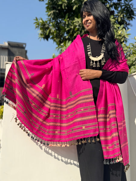 Pink - Kutch Bhujodi Handwoven Merino Wool Shawl, Very Soft