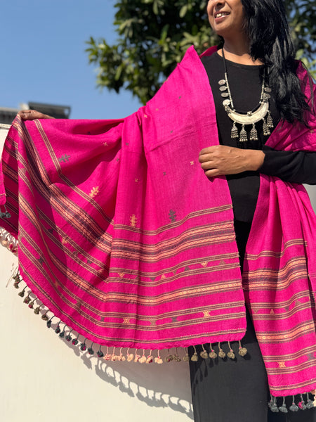 Pink - Kutch Bhujodi Handwoven Merino Wool Shawl, Very Soft