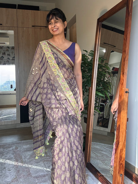 Embroidered pallu & patchwork inside border- kota doria saree