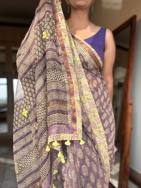 Embroidered pallu & patchwork inside border- kota doria saree