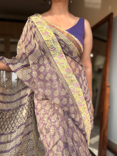 Embroidered pallu & patchwork inside border- kota doria saree