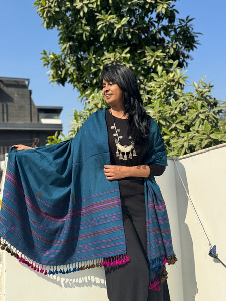 Blue - Kutch Bhujodi Handwoven Merino Wool Shawl, Very Soft