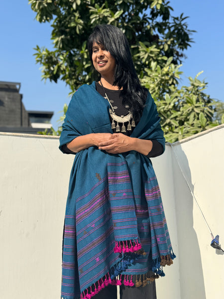 Blue - Kutch Bhujodi Handwoven Merino Wool Shawl, Very Soft