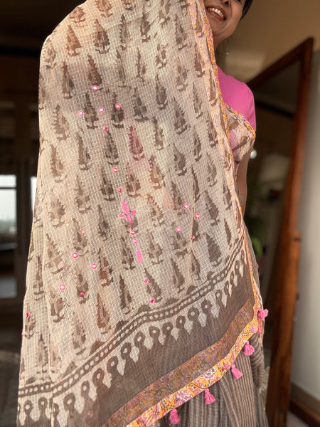 Embroidered pallu & patchwork inside border- kota doria saree