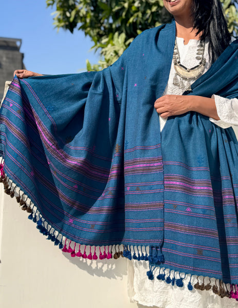 Blue - Kutch Bhujodi Handwoven Merino Wool Shawl, Very Soft