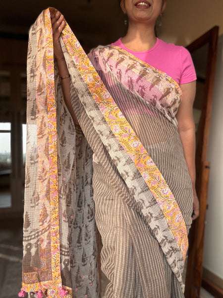Embroidered pallu & patchwork inside border- kota doria saree