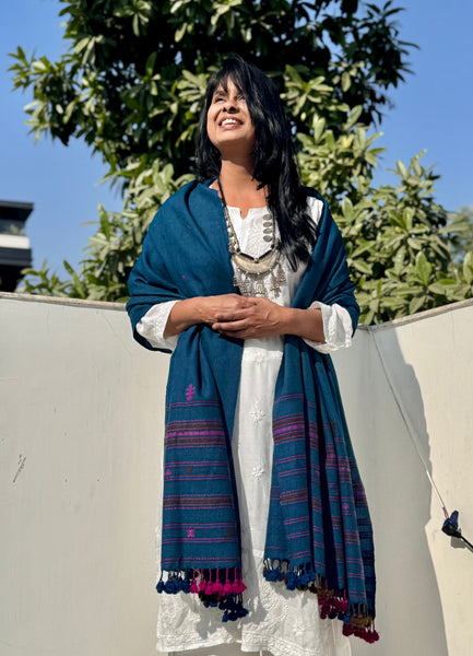 Blue - Kutch Bhujodi Handwoven Merino Wool Shawl, Very Soft