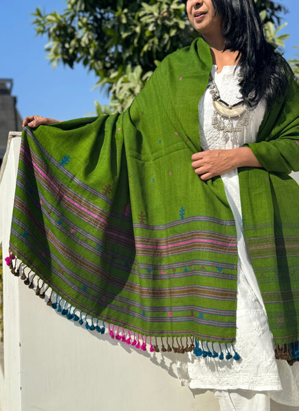 Green - Kutch Bhujodi Handwoven Merino Wool Shawl, Very Soft