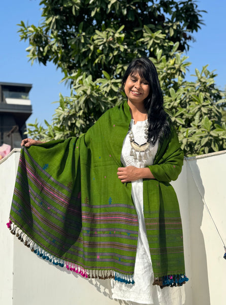 Green - Kutch Bhujodi Handwoven Merino Wool Shawl, Very Soft