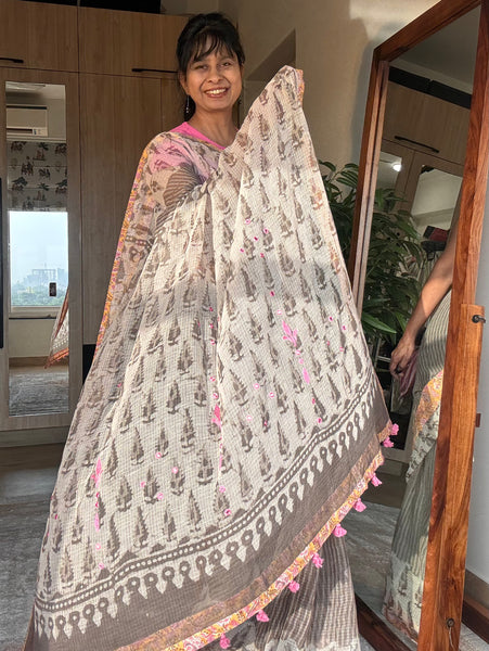 Embroidered pallu & patchwork inside border- kota doria saree