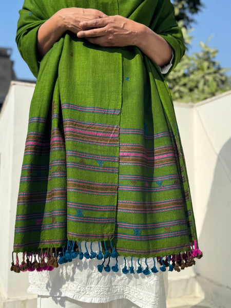 Green - Kutch Bhujodi Handwoven Merino Wool Shawl, Very Soft