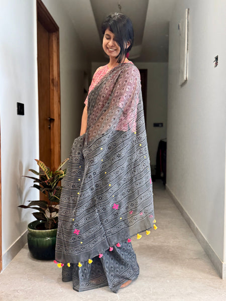 रंगमंच - Embroidered pallu -  Dark grey kota Doria Saree