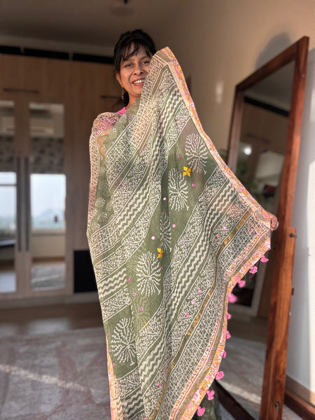 Embroidered pallu & patchwork inside border- kota doria saree