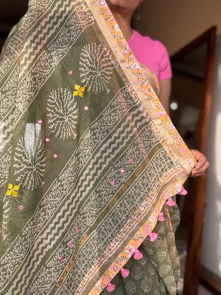 Embroidered pallu & patchwork inside border- kota doria saree