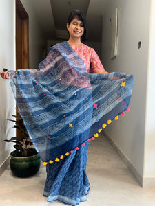 रंगमंच - Embroidered pallu -  Indigo kota Doria Saree