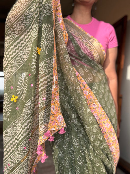 Embroidered pallu & patchwork inside border- kota doria saree