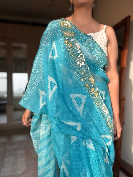 Embroidered pallu & patchwork inside border- kota doria saree