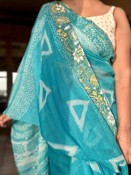 Embroidered pallu & patchwork inside border- kota doria saree