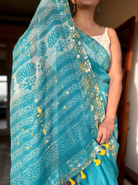 Embroidered pallu & patchwork inside border- kota doria saree
