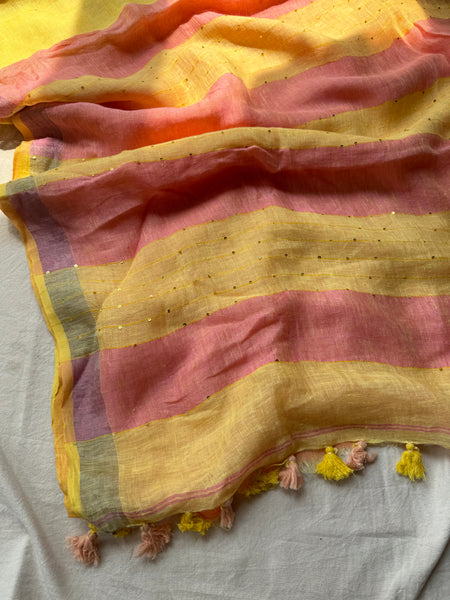Handwoven Linen yellow saree with woven sitara