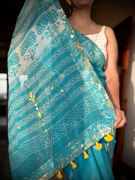 Embroidered pallu & patchwork inside border- kota doria saree