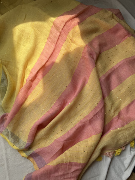 Handwoven Linen yellow saree with woven sitara