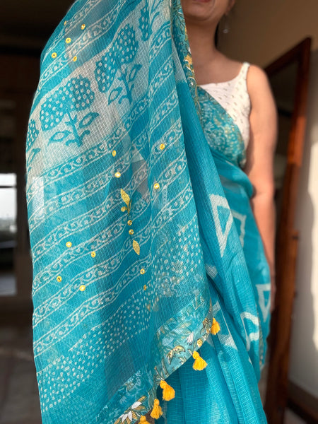 Embroidered pallu & patchwork inside border- kota doria saree