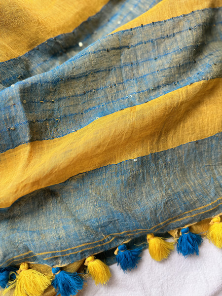 Handwoven linen blue saree with woven sitara
