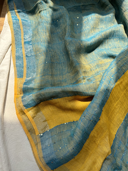 Handwoven linen blue saree with woven sitara