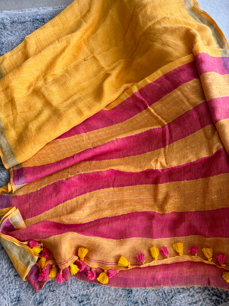 Handwoven linen mango saree with woven sitara