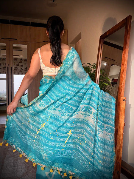 Embroidered pallu & patchwork inside border- kota doria saree