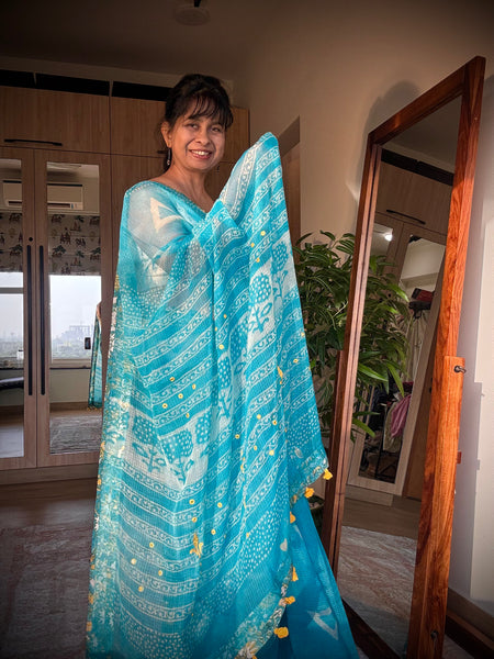 Embroidered pallu & patchwork inside border- kota doria saree