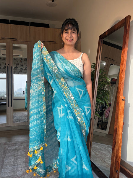 Embroidered pallu & patchwork inside border- kota doria saree